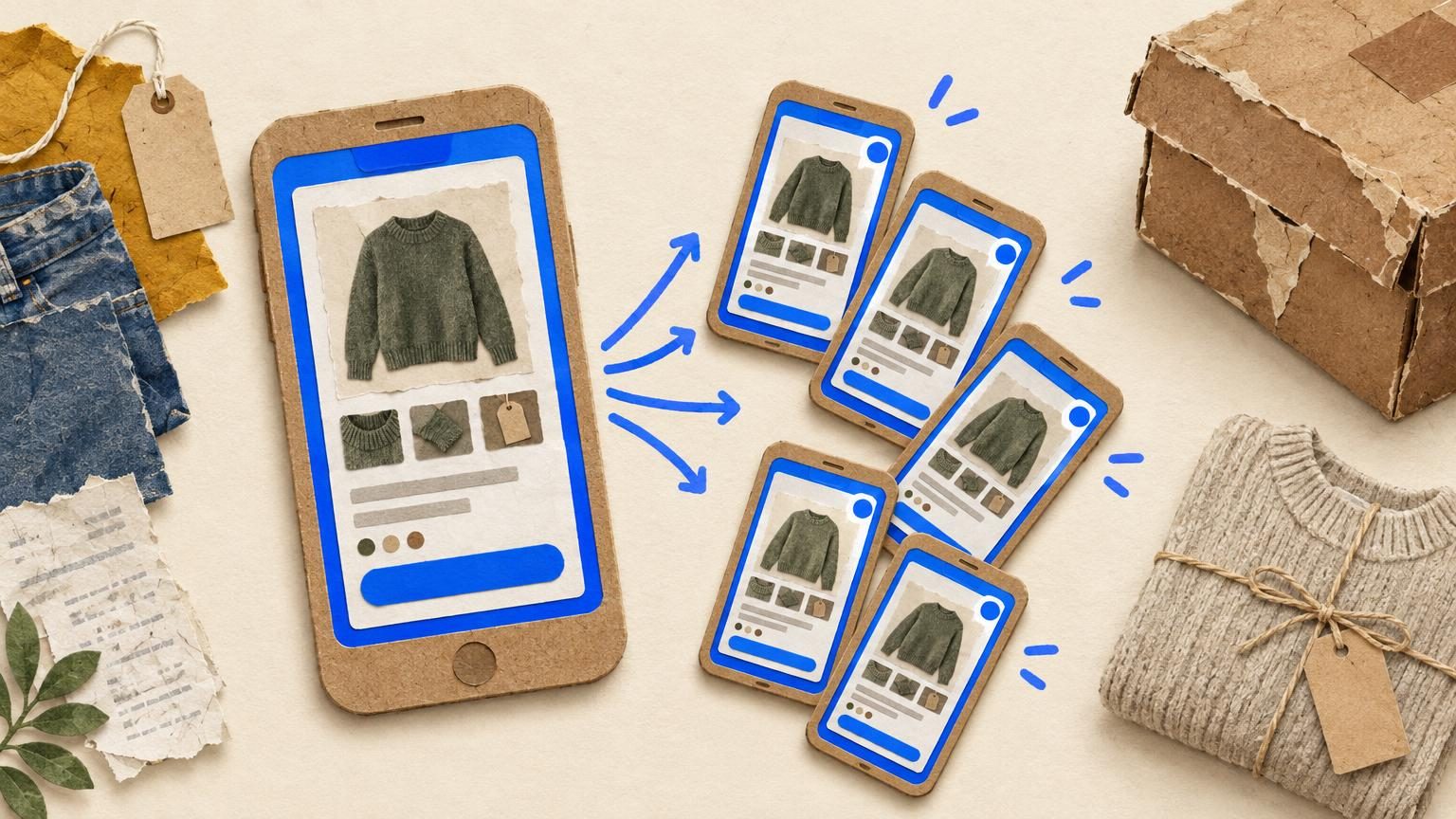 A cream-paper collage scene with a bright blue Mercari accent: one kraft-paper phone frame with a blue screen border shows a single listing being copied onto several small phones fanned out beside it, each with a blue status dot, while a worn-out cut-paper shoebox and a folded sweater sit at the edge, all with soft drop shadows and visible paper texture.