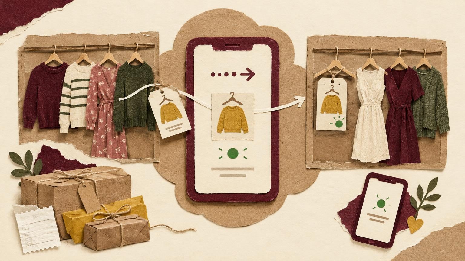 A cream-background paper collage with a deep burgundy accent. In the centre, a large burgundy-framed phone rests on a kraft-paper cloud shape, with a row of cut-paper hangers holding sweaters and dresses, and a single listing tag sliding neatly from one hanger to a second closet with a green status dot, showing automation running cleanly and on time.
