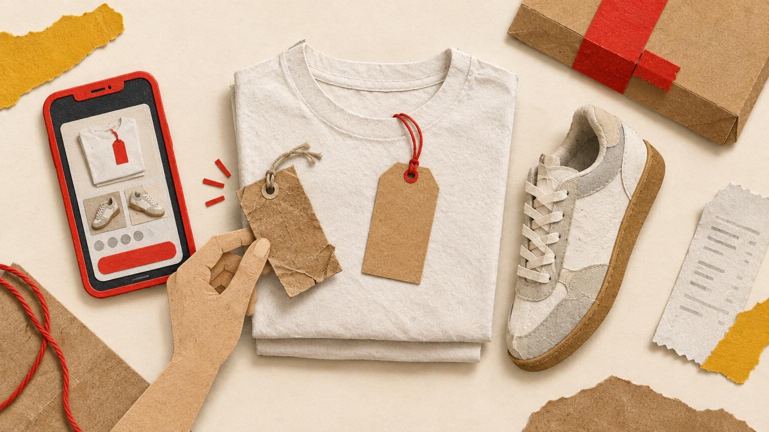 A flat-lay from above of a bright red Depop-coloured phone frame propped beside a folded graphic-free tee and a sneaker, with one old kraft-paper listing tag being lifted off the pile and a fresh tag placed back on top, its hang tag and parcel tape in the same bright red. Handmade paper cut-outs on a cream background with soft drop shadows show the single moment of relisting a stale item.