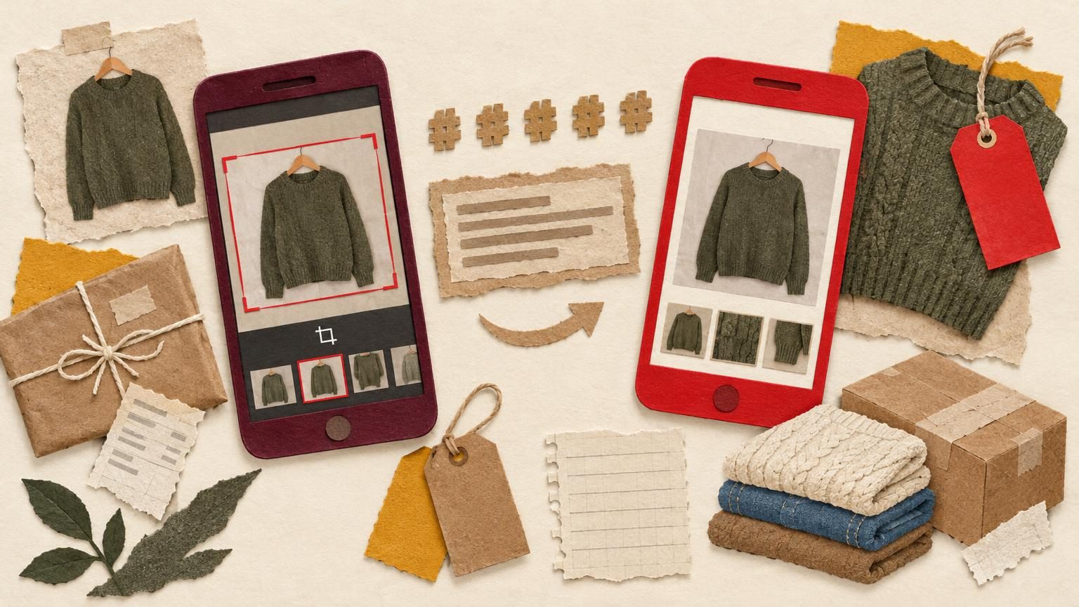 A flat-lay of a Poshmark-burgundy and Depop-red phone pair on a cream backdrop: one burgundy-framed phone shows a clothing photo being cropped to a tidy square, its edges marked with a red frame, while a hang tag in Depop red sits beside a sweater, and a row of small hashtag-like blank shapes and a copied text block float between the two phones as kraft paper strips. Every element is cut-paper with soft drop shadows, and no text or logos appear anywhere.