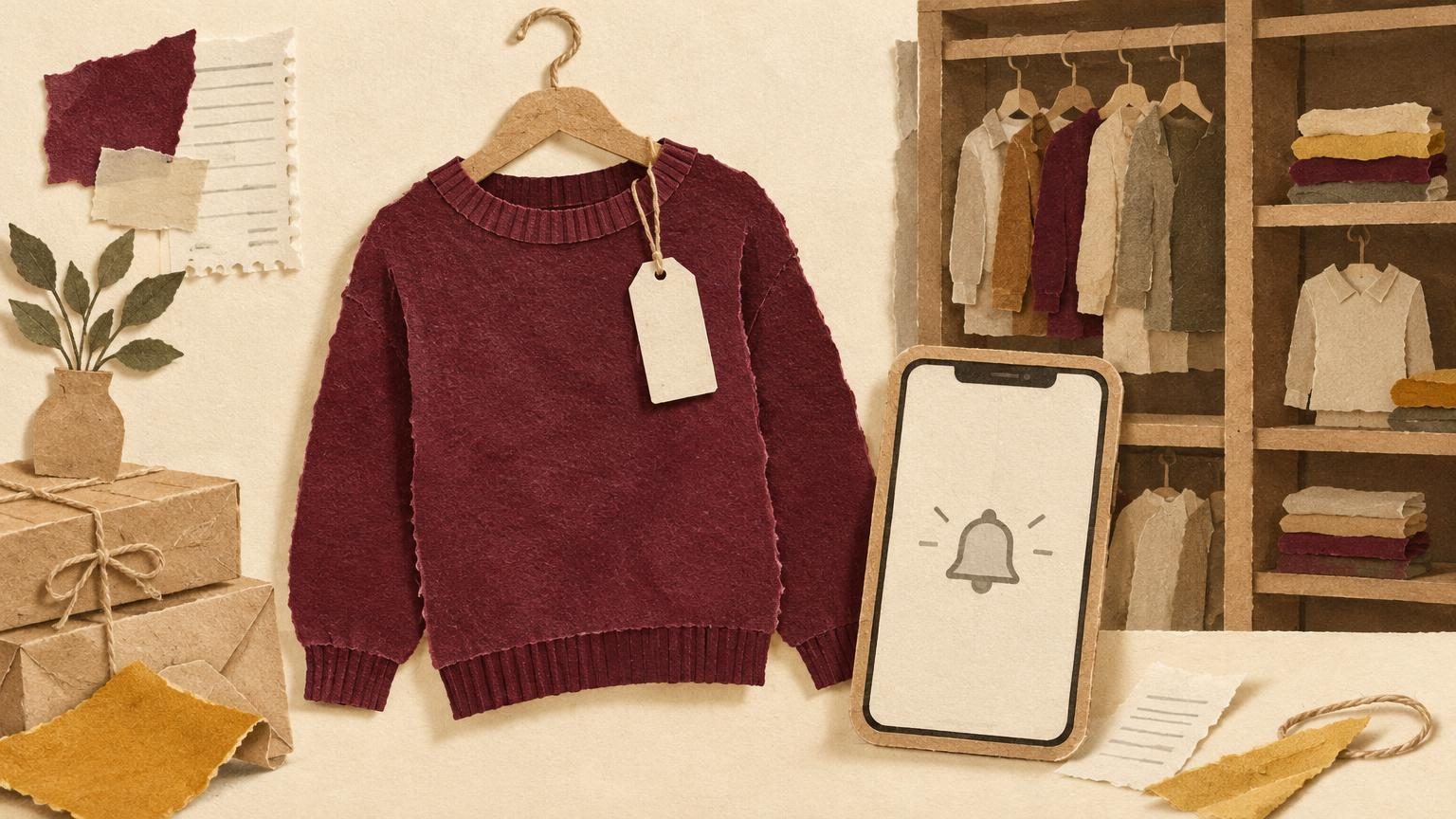 A burgundy-accented scene of a fashion closet: a single clothing item on a hanger sits beside a phone with an empty notification bell and a faint dust-free, untouched listing, with a dim, quiet shelf of unsold cut-paper garments behind it. The focal subject is one hanging sweater with a blank hang tag, large in the frame, shown on a cream backdrop with soft drop shadows, rendered in kraft paper, torn cardstock and string.