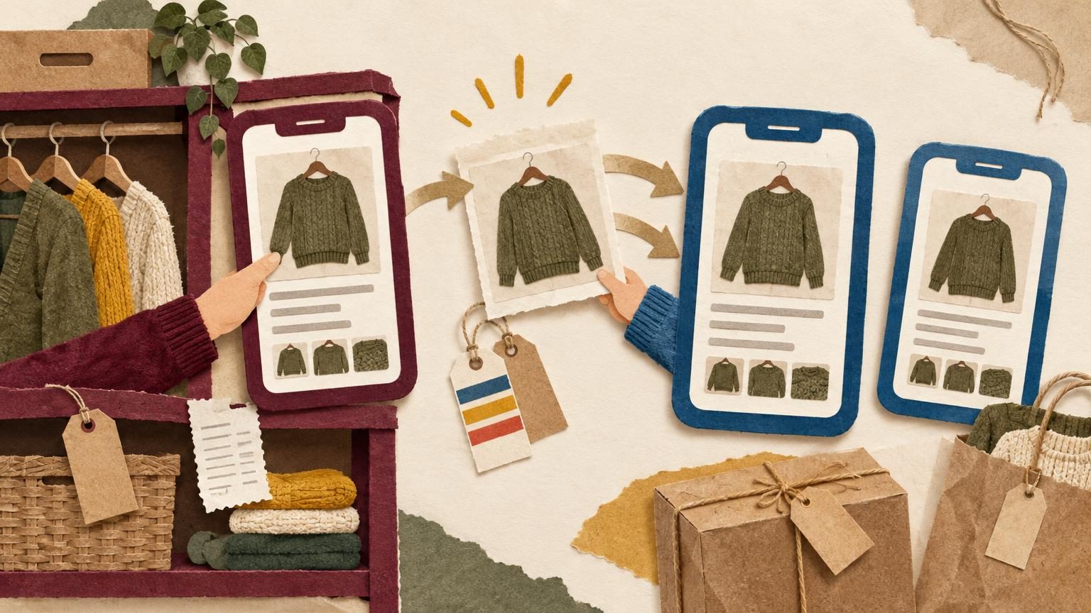 A seller's phone sits on a cut-paper closet shelf with a burgundy frame, showing a listing being copied across to a blue-framed Mercari phone beside it, while an eBay-striped hang tag and a sweater are passed between them. The focal action is one listing being carried over from eBay to the other two apps, with kraft paper, string and thrift tags layered on a cream background.