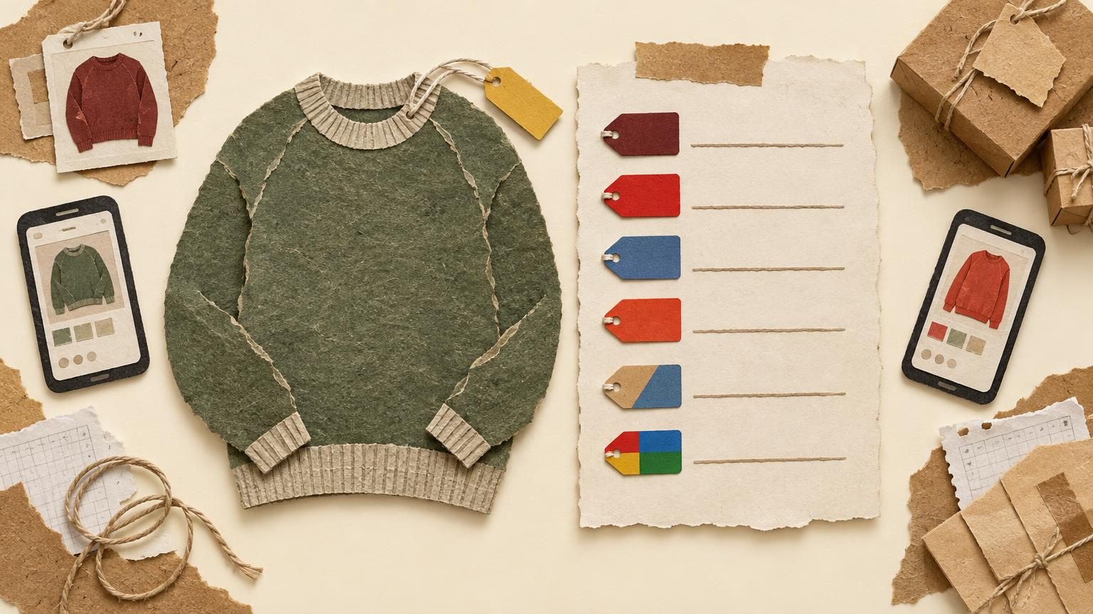 A cream background holds one large cut-paper sweater with its size tag lifted and aligned against a blank mapping sheet, where six small hang tags in the marketplace colours (burgundy, red, blue, red-orange, tan-blue, and a four-colour eBay tag) each sit beside a matching blank line. Torn kraft paper, string and soft drop shadows keep the scene tidy, with a single mustard accent on the sizing tag.