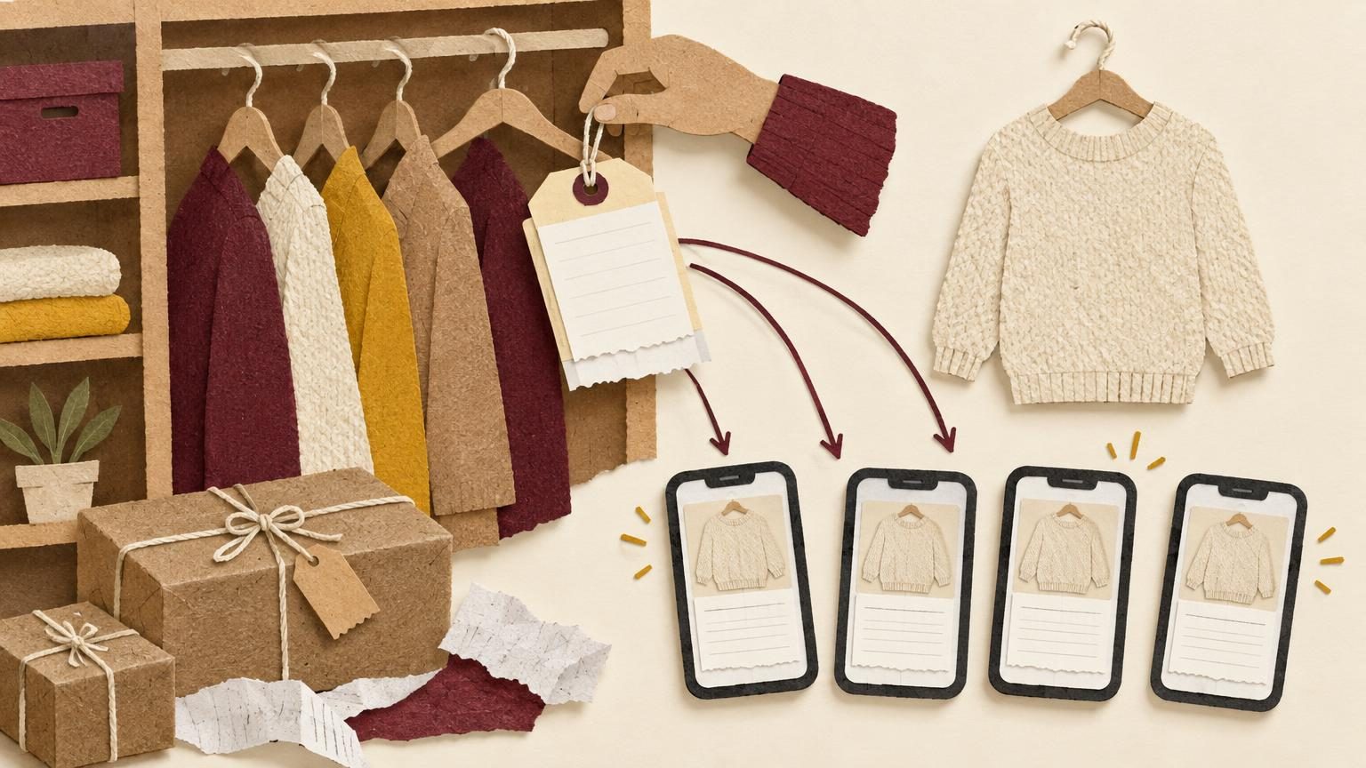 A burgundy-accented cut-paper closet scene where a single cream hang tag with a blank listing card is being lifted from one hanger and copied onto several small phone shapes, each showing a fresh blank listing, while a cut-paper sweater sits untouched beside them. Kraft paper, string and receipt-paper textures cast soft drop shadows on a cream background.