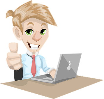 Cartoon seller giving a thumbs up while working on a laptop