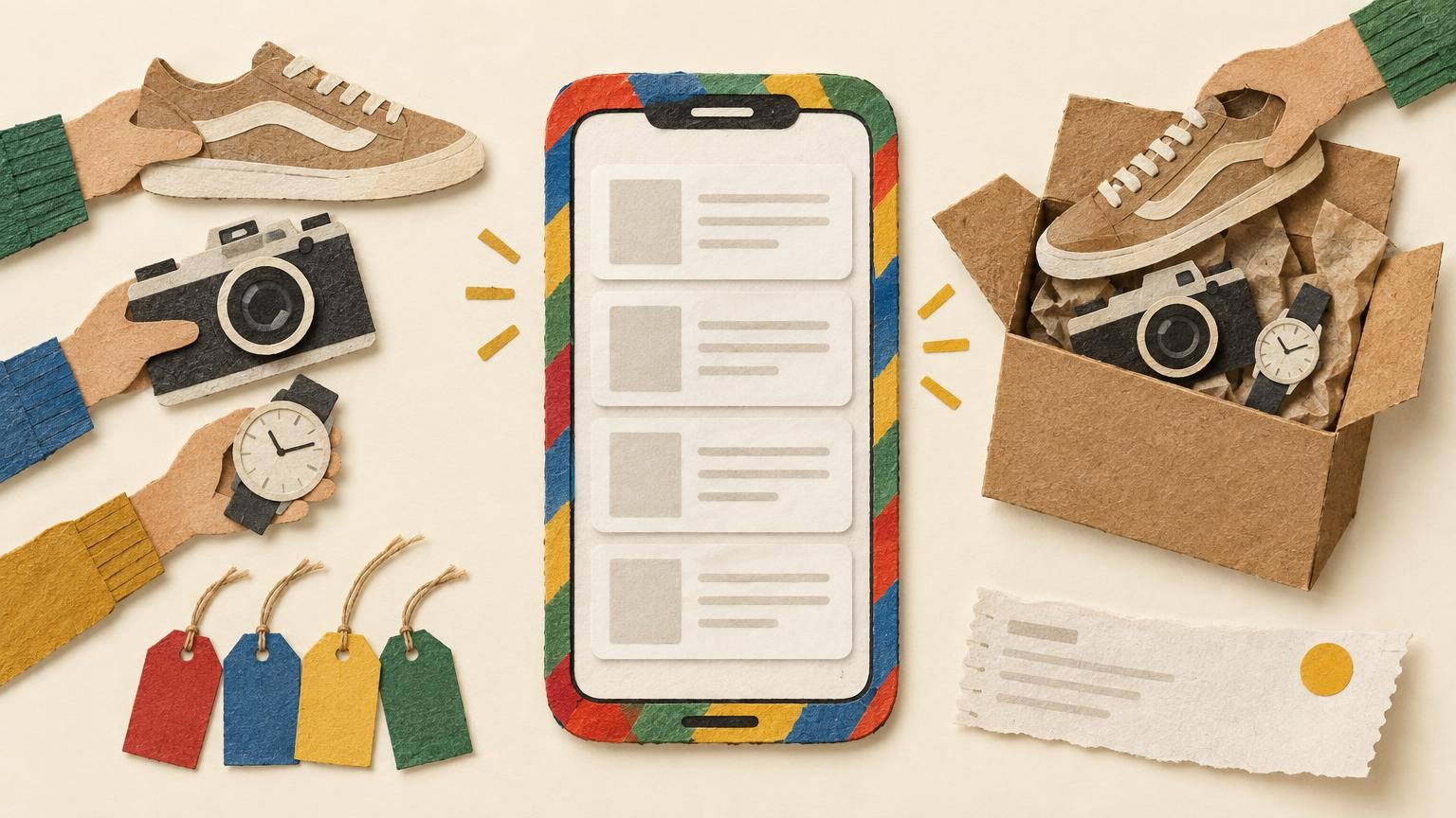 A cream background with a handmade cut-paper collage: a phone with a striped red, blue, yellow and green frame sits center-frame, its screen showing a blank stack of listing cards, while a kraft-paper sneaker, a camera and a watch are being lifted into a tidy parcel beside it, with four small coloured hang tags (red, blue, yellow, green) tied with string and a single mustard accent on a dollar-free receipt strip. Soft drop shadows and visible paper textures keep the focal phone large and readable at a glance.
