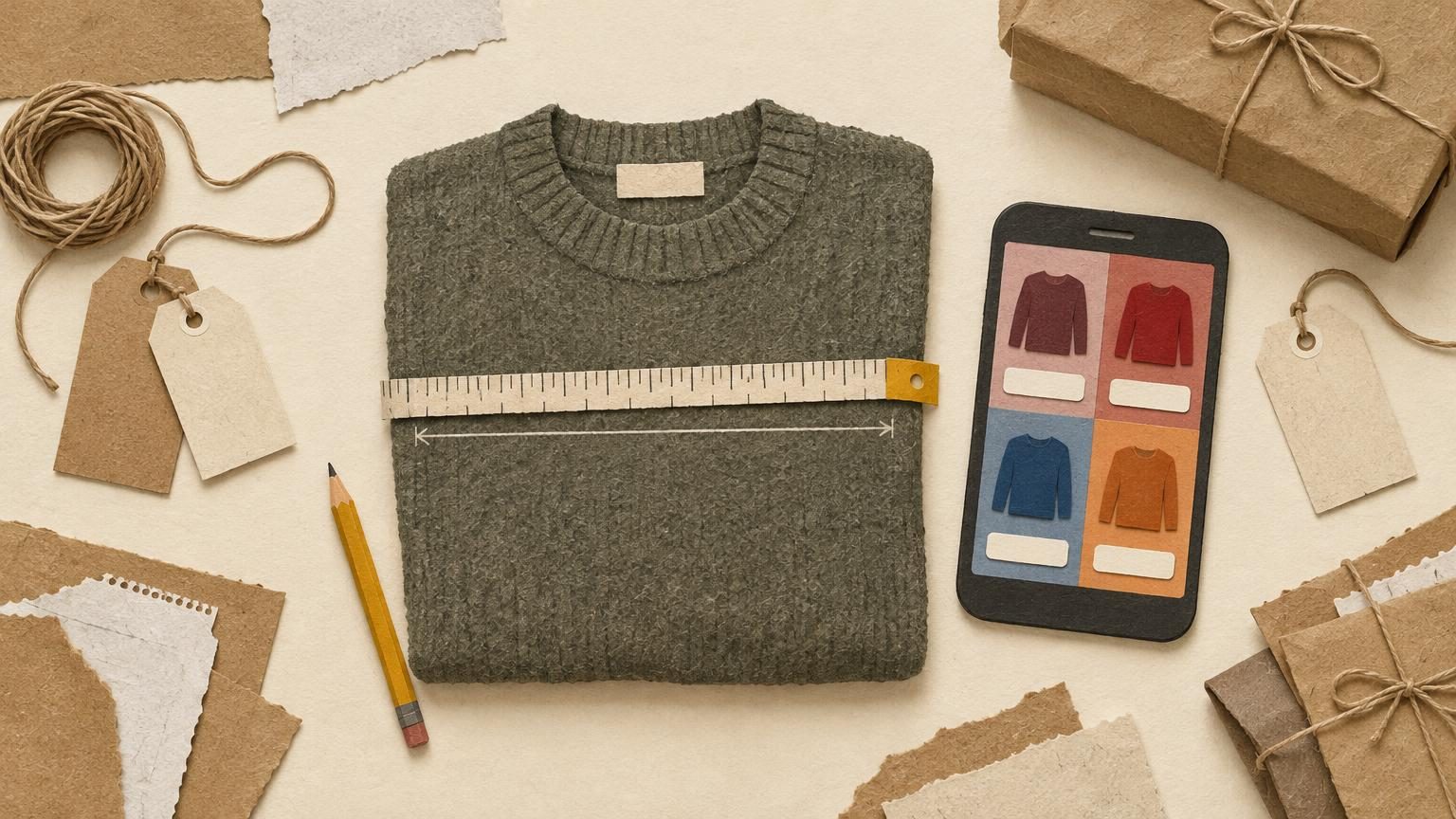 A top-down flat-lay of a folded knit sweater on a cream cutting surface, with a cut-paper measuring tape running across its chest and a pencil-drawn measurement line, while a phone beside it shows four small screens in burgundy, red, blue and orange, each with a blank listing field filled in identically. Handmade kraft paper, string, and blank hang tags sit around the sweater with soft drop shadows, and a single mustard accent marks the measuring tape.