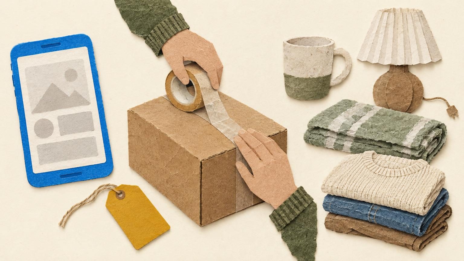 A cut-paper collage on cream: a bright blue phone frame, its screen showing only blank shapes, sits beside a kraft-paper parcel being taped shut by a pair of paper hands, with a few everyday household items (a mug, a lamp, a folded towel) lined up ready to box, and a small mustard hang tag as the single warm accent.