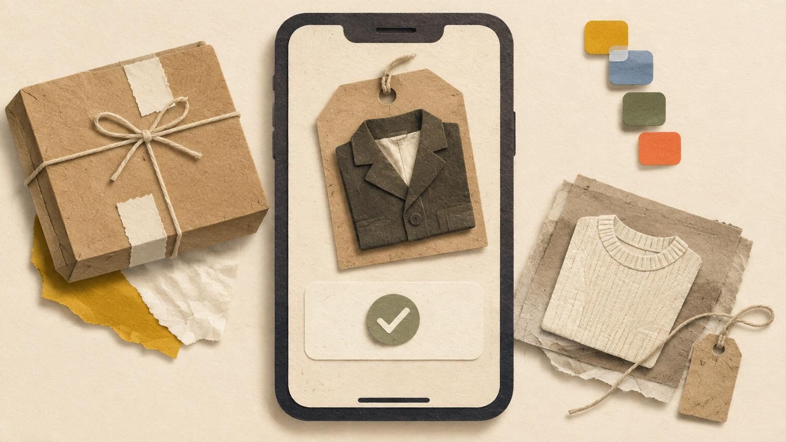 A cream backdrop holds one large cut-paper phone at centre, its screen showing a blank payout tick beside a folded designer jacket on a kraft hang tag, with a sealed parcel and a few small platform-coloured tabs in the corner. Mustard is the single accent, and all shapes carry soft drop shadows with visible paper texture.