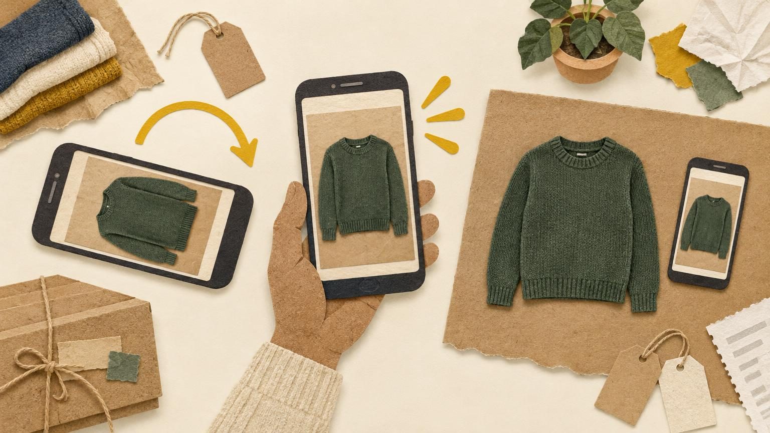 A cut-paper phone on a cream background shows a sweater photo on its screen, tilted sideways, with a mustard curved rotation arrow beside it. A kraft-paper hand pivots the photo back upright, and the sweater sits fresh and straight on the kraft table next to the phone.