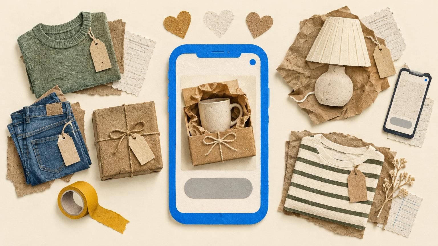 A cream background with a bright blue phone frame at the centre, its screen showing a greyed-out, empty button shape beside a kraft-paper parcel holding a folded household item such as a mug or a small lamp. A few torn cardstock hearts sit above the phone, one of them pale and faded, with a blue status dot in the corner. Soft drop shadows, visible paper textures, and a single mustard accent on a tape roll keep it tidy and readable at a glance.