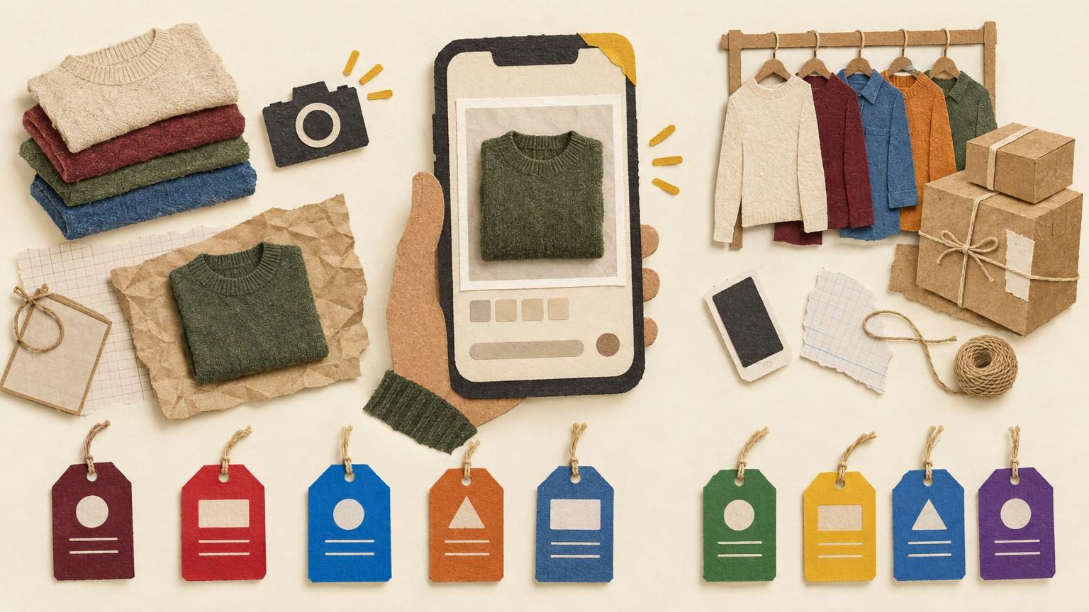 A handmade paper cut-out scene on cream: a single square photo of a folded sweater sits centred and large, slid neatly into a phone frame that is being loaded with it, with a row of small hang tags along the bottom in burgundy, bright red, bright blue, warm orange, medium blue, and four eBay colours, each tag carrying only blank shapes and lines. Soft drop shadows, kraft paper and string textures, and one mustard accent on the phone's corner.