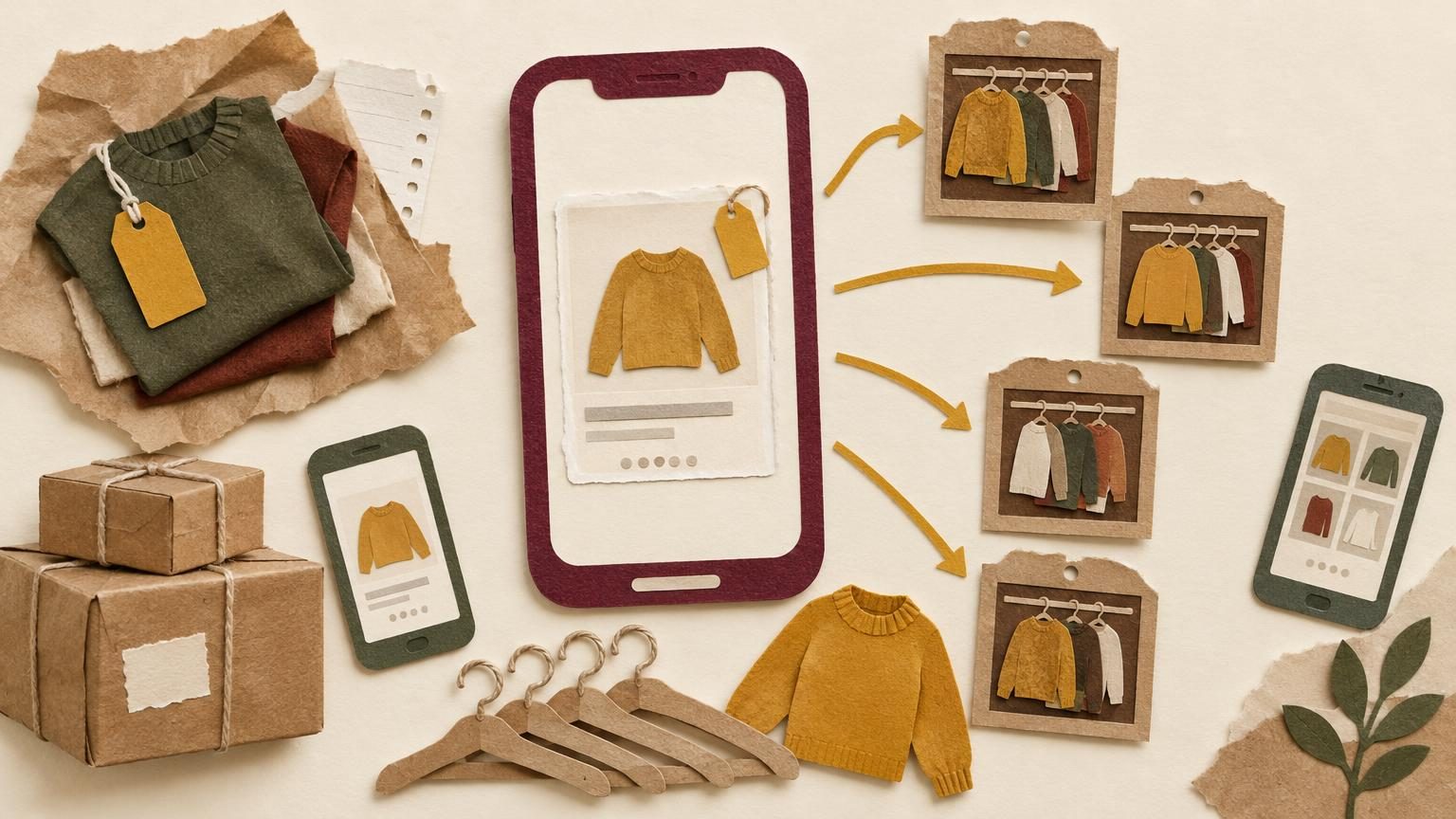 A handmade paper cut-out scene on a cream background: a deep burgundy phone frame stands at centre, its blank screen showing one clothing listing card being copied onto several small hanging-garment closets, with a mustard tag and a row of kraft-paper hangers and a sweater in the foreground. Torn cardstock, string and soft drop shadows give it a tidy, playful look, with no text or logos anywhere.