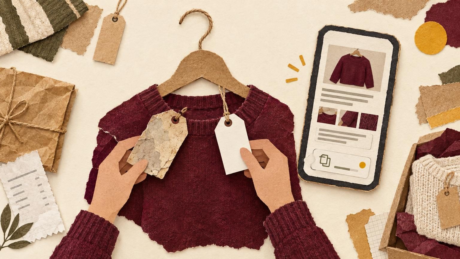 A burgundy-accented Poshmark closet scene: a clothing item on a hanger with an old, faded listing tag being lifted off and a fresh tag placed back on, with a phone beside it showing a copied listing card in progress. Cream background, handmade paper cut-outs, and a mustard accent on a small status dot.