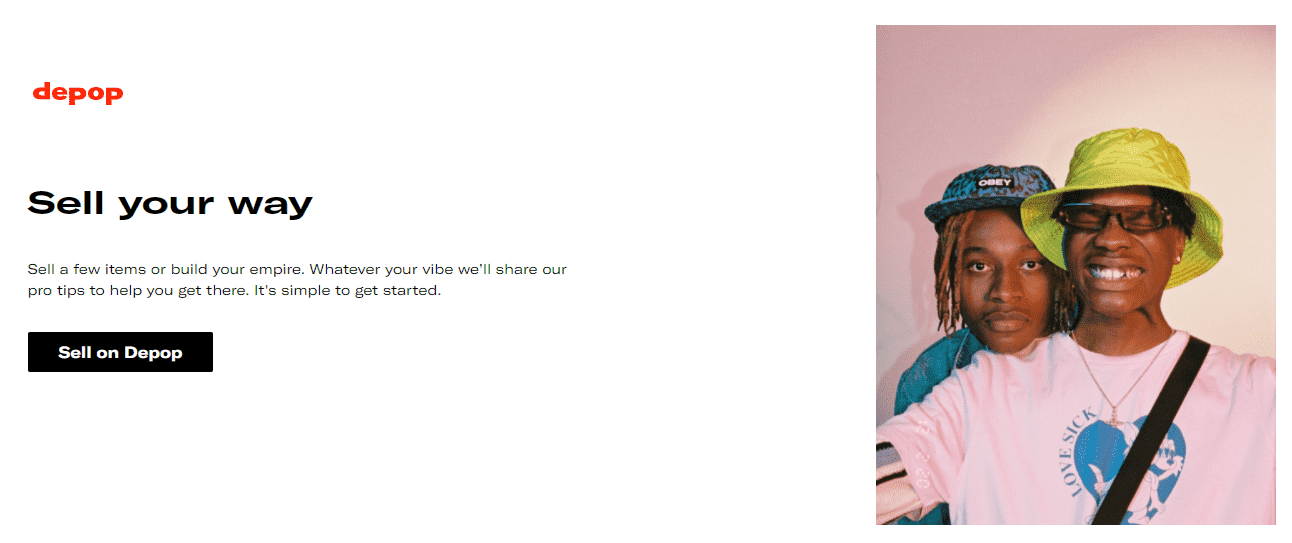 Depop "Sell your way" page with a Sell on Depop button