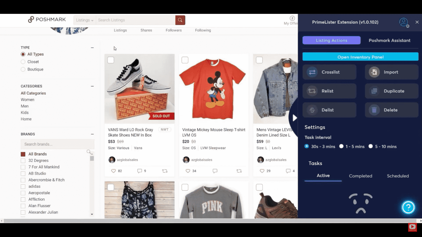 PrimeLister extension on a Poshmark closet with Crosslist, Import, Relist, Delist and Duplicate actions