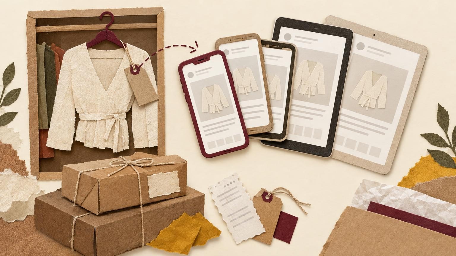 A cream backdrop with a cut-paper garment on a burgundy-accented hanger in a small closet frame, its tag lifted and copied onto several phones and tablets fanned out beside it, each screen showing a blank fresh listing. Kraft and cardstock textures, soft drop shadows, and a single burgundy hang tag and phone frame carry the Poshmark accent.