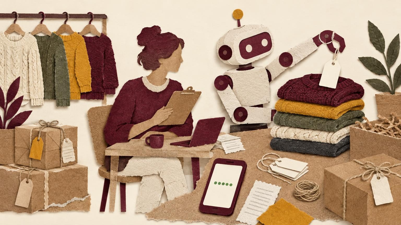 A burgundy-accented cut-paper scene on a cream background: a human virtual assistant's paper silhouette sits at a small desk beside a cut-paper robot-arm bot, and the bot's arm is shown lifting a fresh paper listing tag onto a sweater pile while the human figure looks on with a clipboard, with the bot side clearly the one at work. Kraft paper, torn cardstock, string and hang tags carry the textures, with a single mustard accent and a deep burgundy phone frame showing a blank screen with a steady row of green status dots.