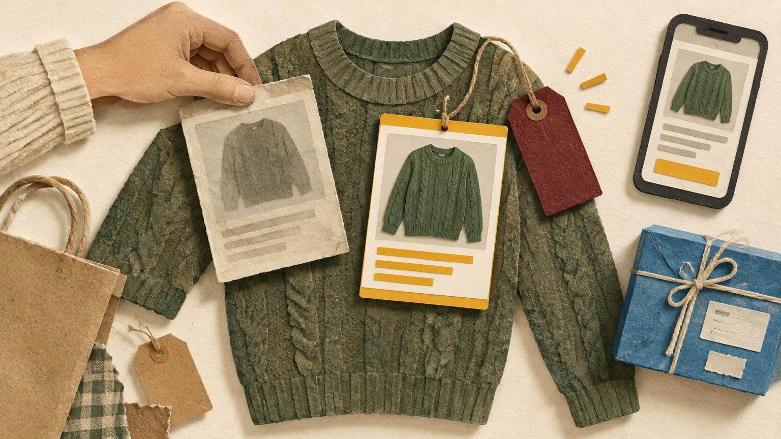 A cream paper-collage scene where a hand lifts an older, faded listing card off a cut-paper sweater and sets a fresh, bright card in its place, with a burgundy hang tag for Poshmark and a small blue parcel for Mercari beside it. Kraft textures, string, and soft drop shadows keep the single focal sweater large in the frame, with a mustard accent on the fresh card.