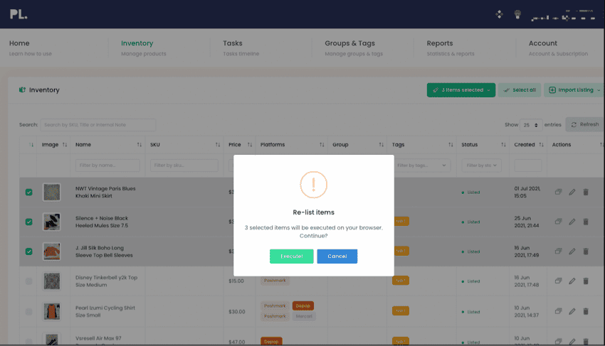 PrimeLister inventory with three items selected and a Re-list items confirmation dialog