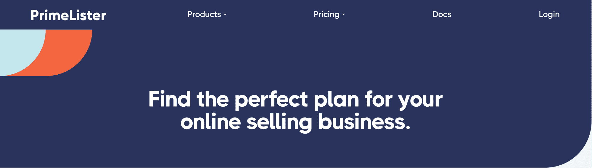 PrimeLister pricing page header: "Find the perfect plan for your online selling business"