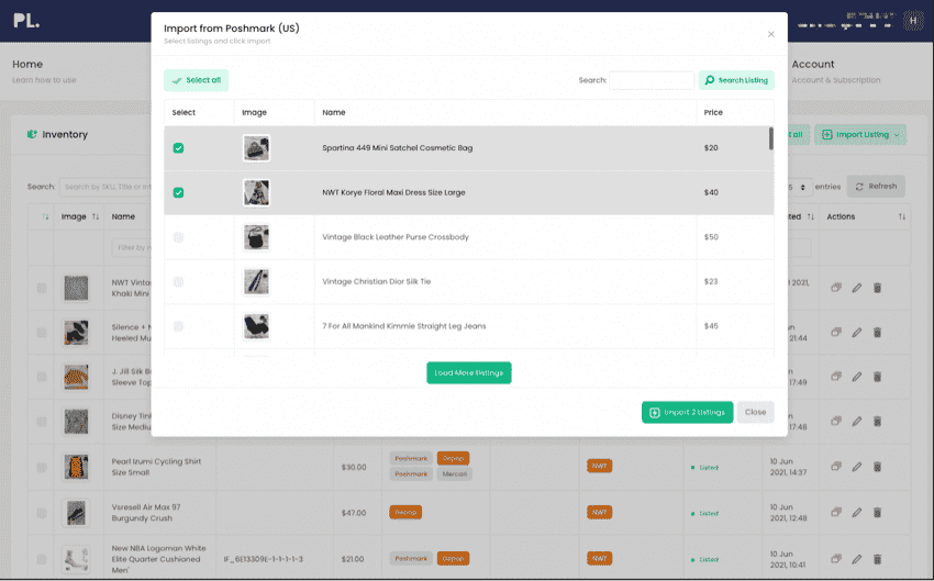 PrimeLister Import from Poshmark (US) dialog with two listings selected for import