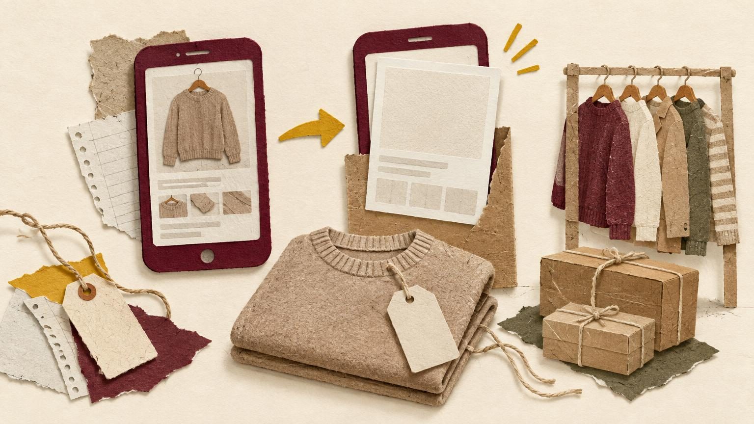 A cream-background paper collage in which a burgundy-accented phone sits upright beside a clothes rail, its screen frame in deep burgundy and an empty listing card cut out and lifted off a cardboard sleeve, showing a fresh, untouched relist. A single folded sweater in soft kraft-paper tones sits in the foreground with a blank hang tag, layered with string, torn cardstock and soft drop shadows, with one mustard accent on a small arrow pointing from the old listing to the new one.