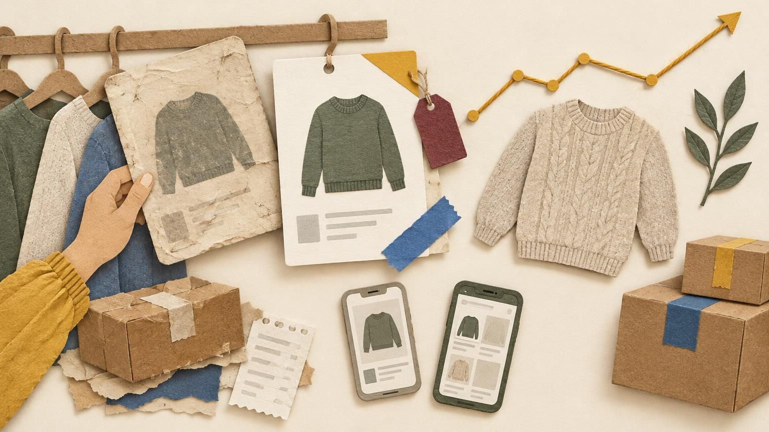 A handmade paper cut-out scene on a cream background: an old, faded listing card on the left is lifted from a closet rail and placed back on top as a fresh, crisp card, with a small burgundy hang tag (Poshmark) and a blue parcel tape strip (Mercari) as the two accents, beside a sweater and a rising trend line made of string. Layered kraft, torn cardstock and soft drop shadows keep the mood playful and tidy, with the mustard accent used on the fresh card's corner.