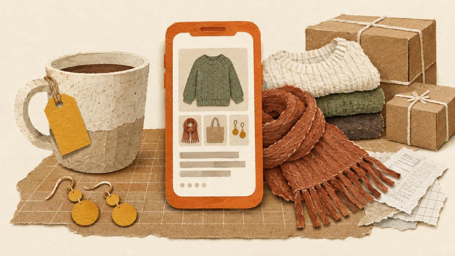 A handmade cut-paper collage on cream: a strong warm orange phone frame stands centre-frame on a kraft-paper cutting mat, its blank screen showing a simple listing layout, beside a ceramic mug, a knit scarf and beaded earrings cut from paper and string, with a small mustard hang tag attached to the mug.