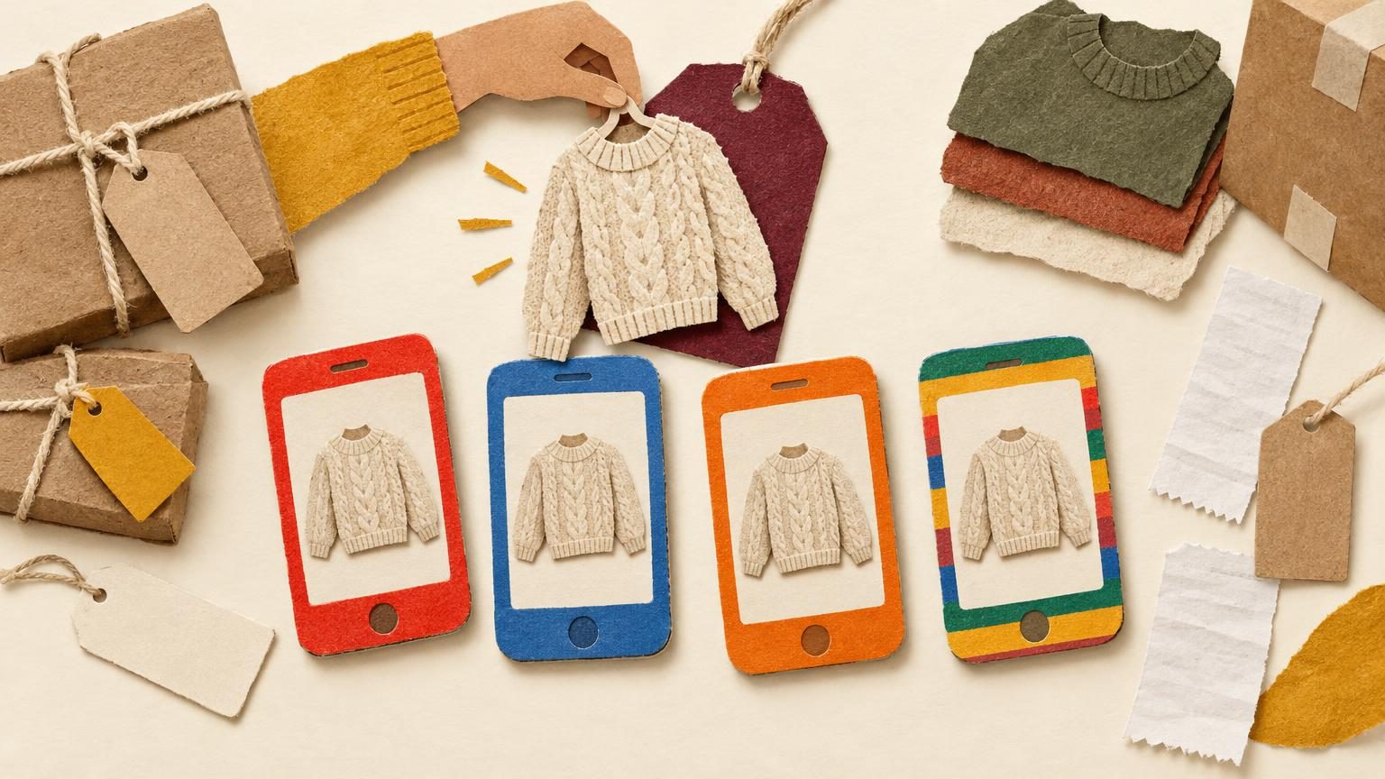 A cream cut-paper scene with a knitted sweater lifted from a burgundy hang tag and placed onto a row of small handheld phones, each framed in a different marketplace colour (bright red, medium blue, strong orange, and a four-colour striped one), with kraft-paper shadows and a single mustard accent. Blank tags and receipt slips sit beside the phones, with no lettering, logos, or printed graphics anywhere.