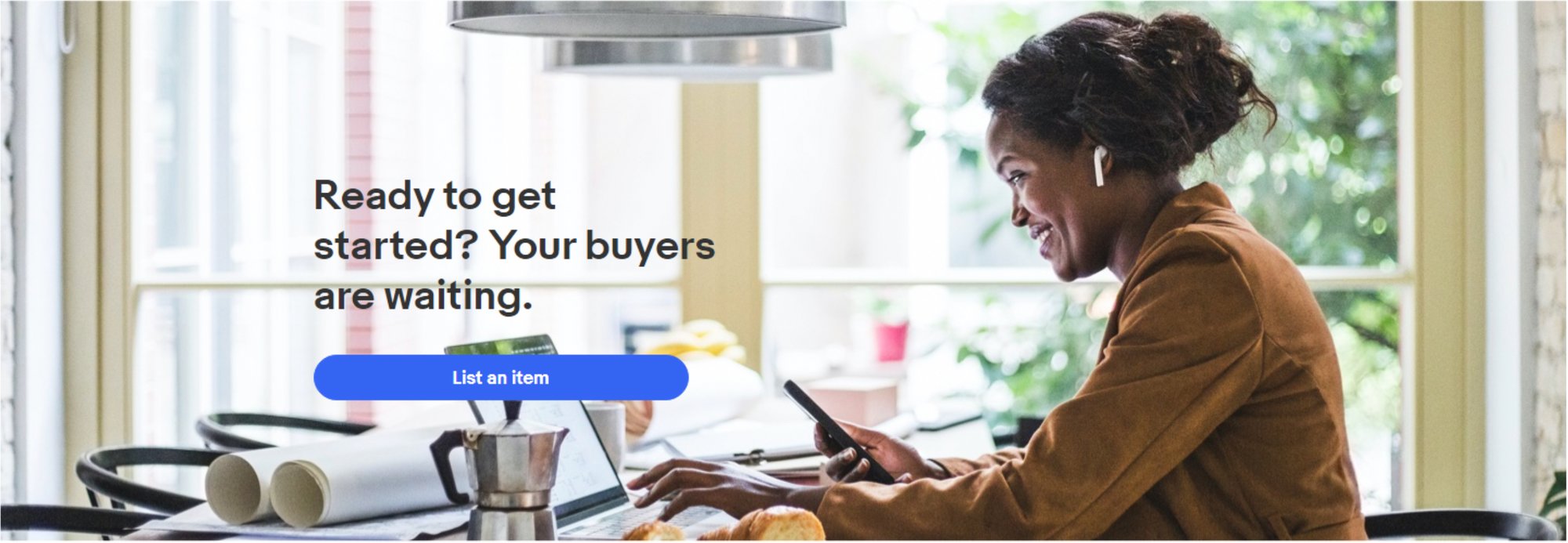 eBay seller page: "Ready to get started? Your buyers are waiting" with a List an item button