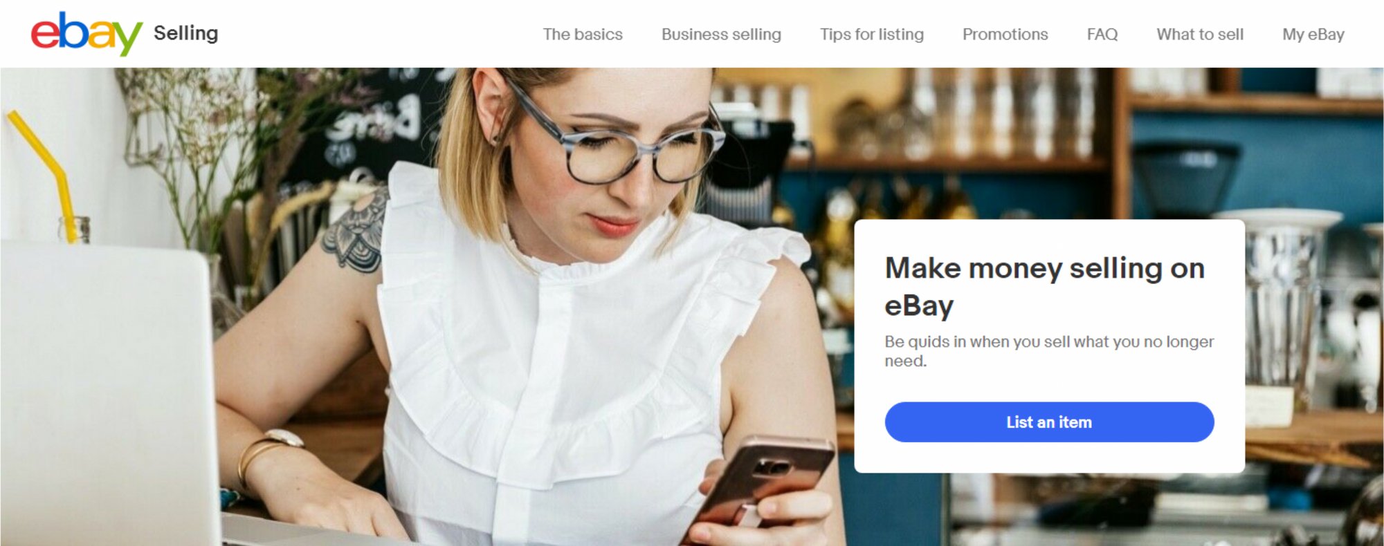 eBay Selling page: "Make money selling on eBay" with a List an item button