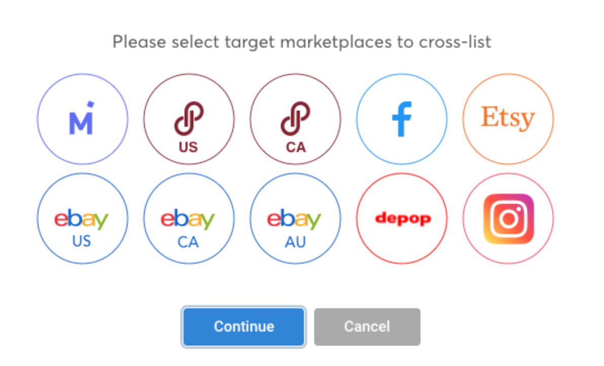 PrimeLister cross-listing dialog to select target marketplaces: Mercari, Poshmark, Facebook, Etsy, eBay, Depop, Instagram
