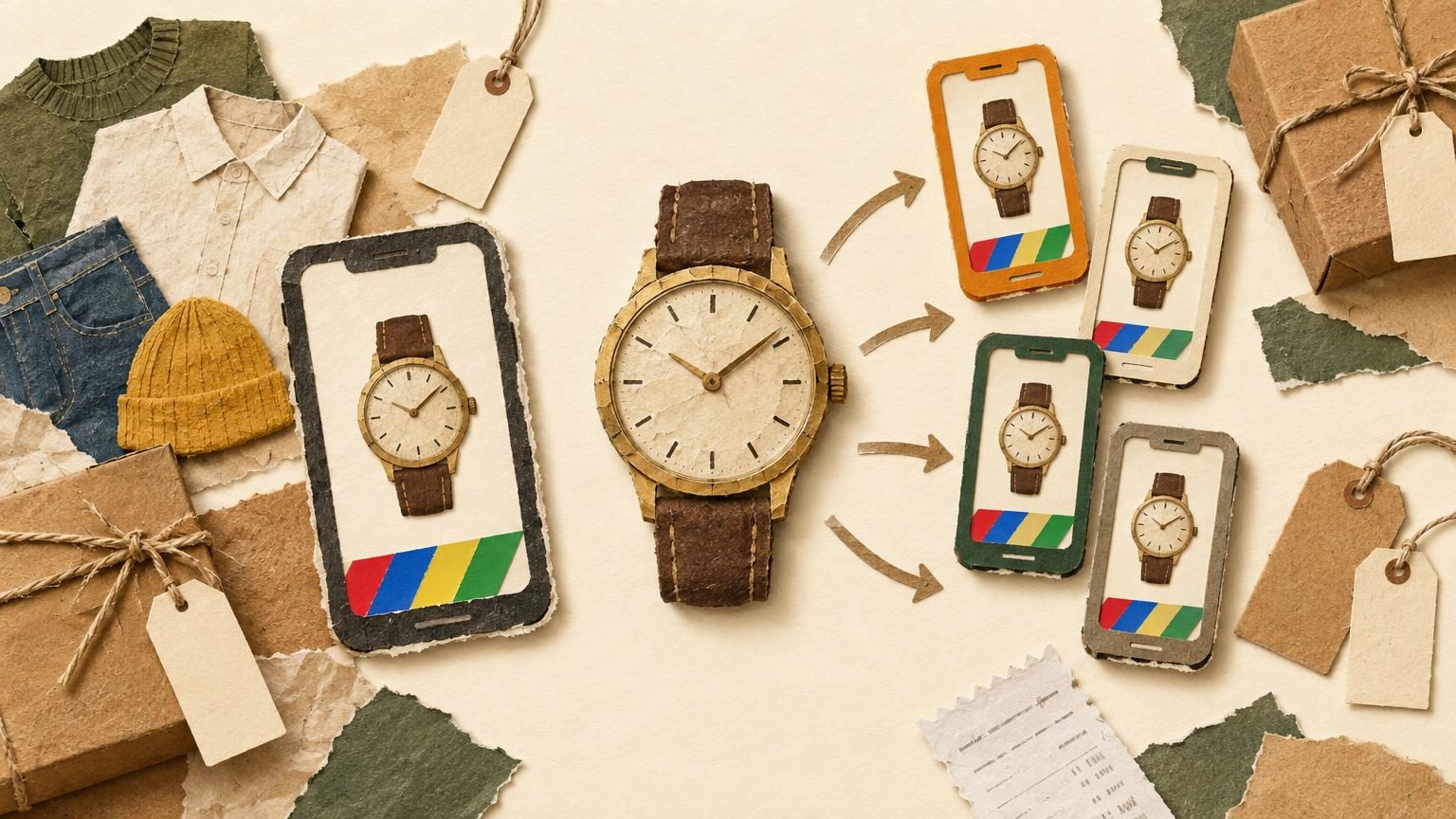 A handmade paper cut-out scene on cream: one item, a vintage watch, sits centre frame while a single phone beside it is being copied onto several smaller phones, each with a striped eBay-style accent in red, blue, yellow and green, with a strong warm orange Etsy phone frame among them. Kraft paper, torn cardstock, string and blank hang tags carry soft drop shadows, with no text or logos anywhere.