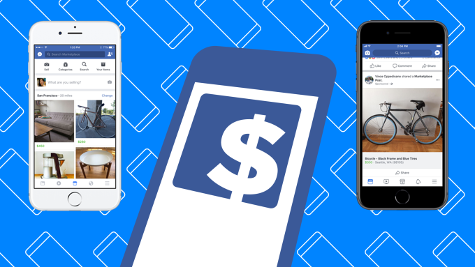 Facebook Marketplace app on two iPhones showing items for sale, with a dollar sign icon