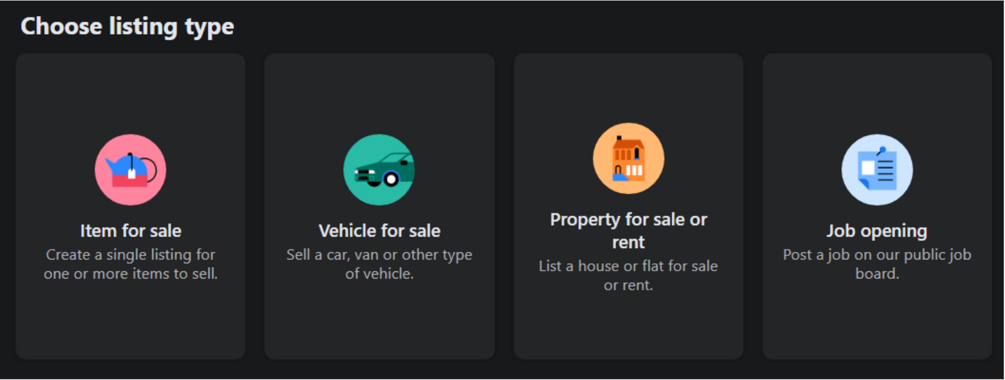 Facebook Marketplace "Choose listing type" screen: item, vehicle, property or job