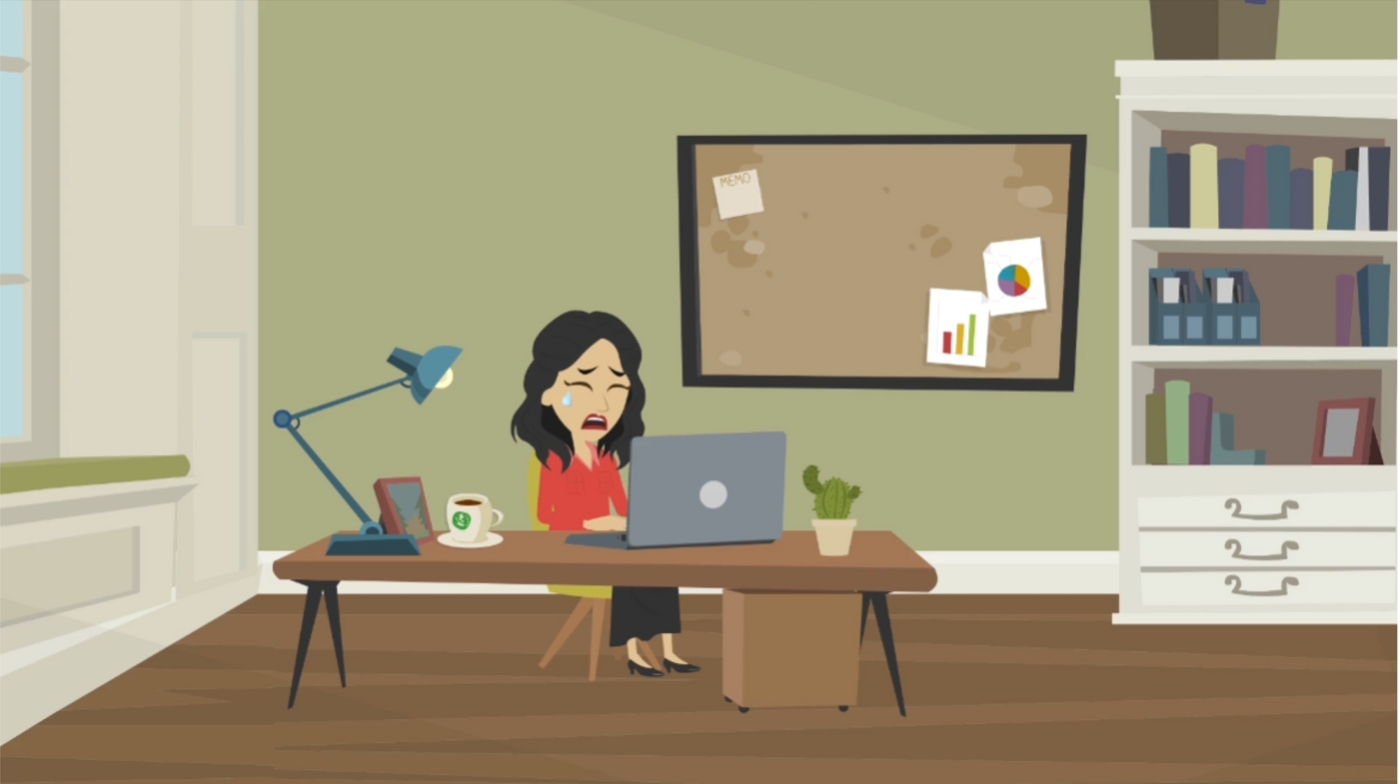 Cartoon seller crying at her laptop, overwhelmed by manual cross-listing