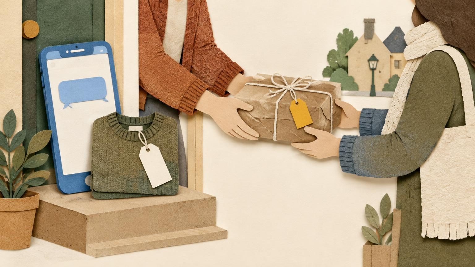 A cream backdrop with a handmade paper cut-out scene: a medium-blue cut-paper phone held up on a small paper doorstep, its screen showing a blank message bubble and a blank tag beside a folded sweater, with a parcel tied in string passed hand to hand toward a local buyer. The sharp focal point is the quick local handoff, with soft drop shadows, kraft-paper and receipt-paper textures, and a single mustard accent on a hang tag.