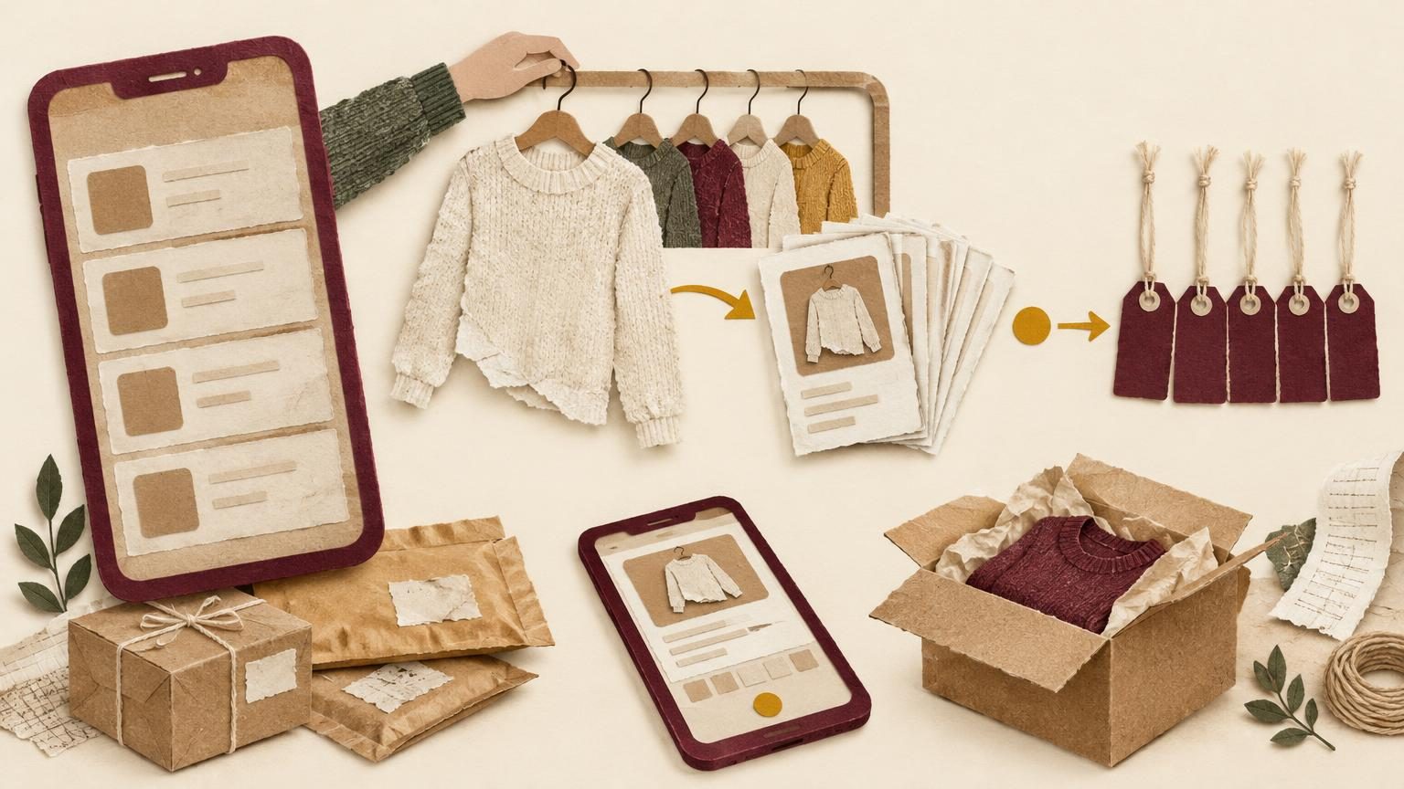 A cream background holds a large kraft-paper phone with a burgundy frame, its screen showing only blank cut-paper listing cards. One clothing hanger, with a sweater cut from torn cardstock, is lifted from a closet rail and a fresh copy of its listing fans out to a row of small burgundy hang tags, each on its own string, while a mustard accent dot marks the active step.