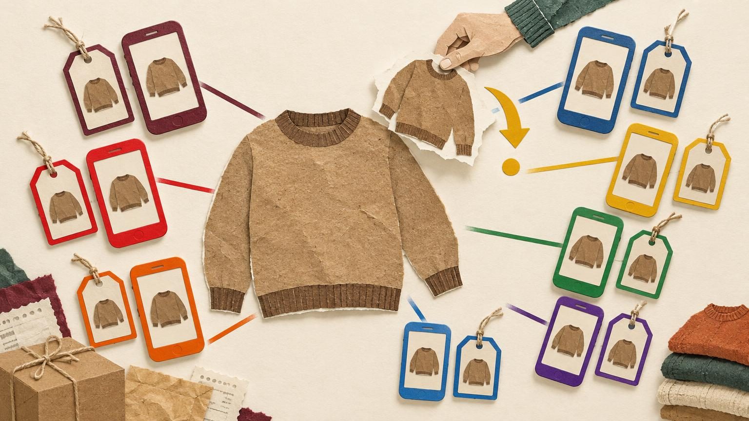 A large cut-paper sweater sits centre-frame on cream, with one listing shape being lifted and copied out by a paper hand onto several small phones and hang tags around it, each edged in a marketplace colour: burgundy, bright red, orange, medium blue and the four eBay accents. The tags and screens are blank, with no lettering, and the mustard accent appears as a single arrow or status dot showing the copy in motion.