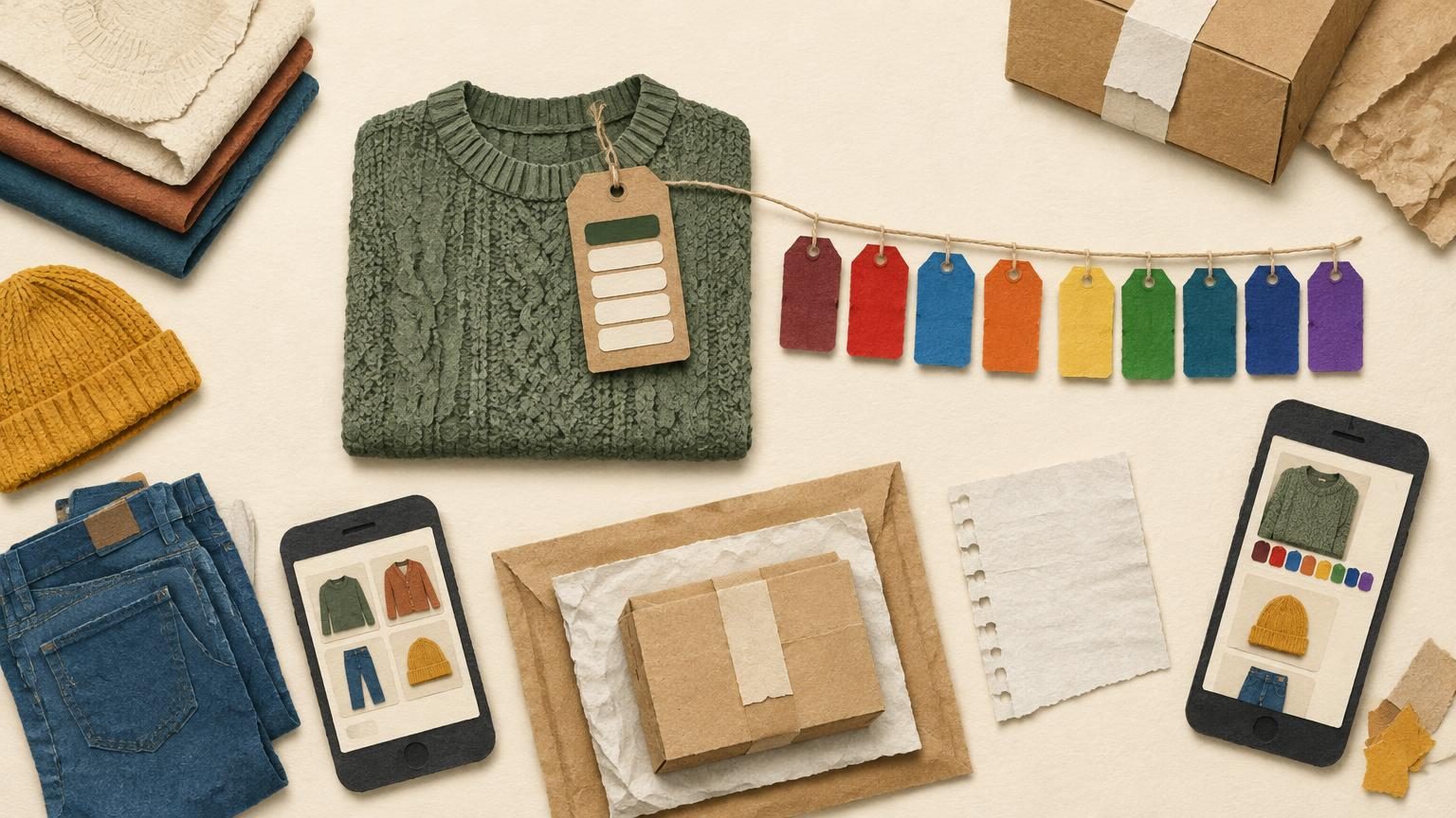 A cut-paper knit sweater lies on a cream table, with a kraft hang tag at its collar showing a row of blank condition bars, the top bar filled in. Beside it, small tags in burgundy, bright red, blue, orange, and the four eBay colours sit in a neat row, each linked to the same tag by a fine string.