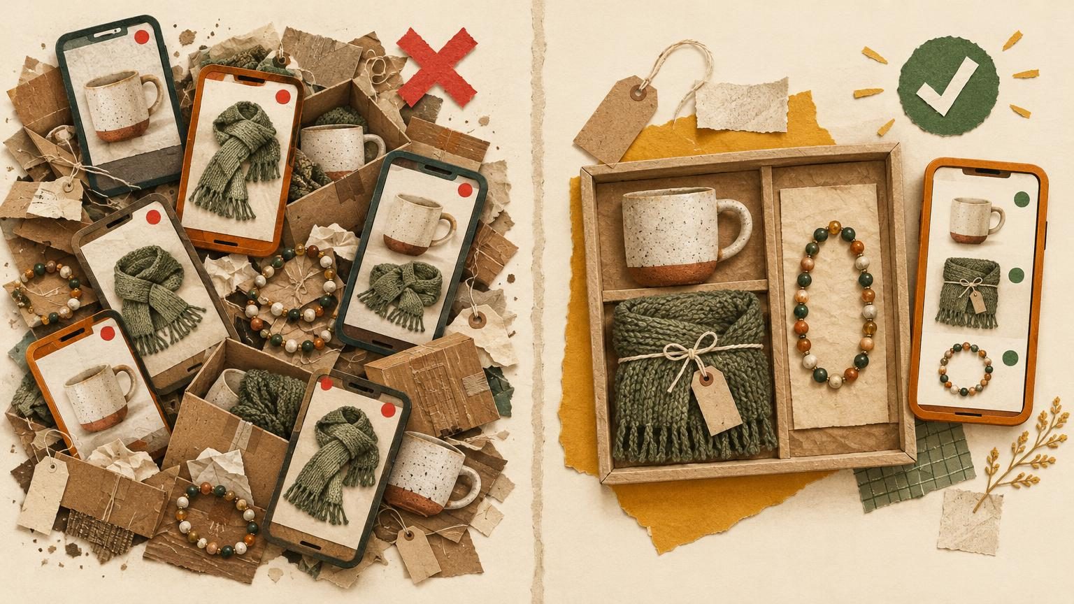 A handmade paper cut-out scene on cream, split into two halves built from the same vintage objects: a ceramic mug, a knit scarf and beaded jewellery. On the left, the same mug and scarf are duplicated across several tilted phones and cardboard boxes, with red status dots and a red cross, in a cluttered, dusty pile. On the right, each item sits once in a tidy sorted tray with a strong warm orange phone frame, green dots and a green check mark.