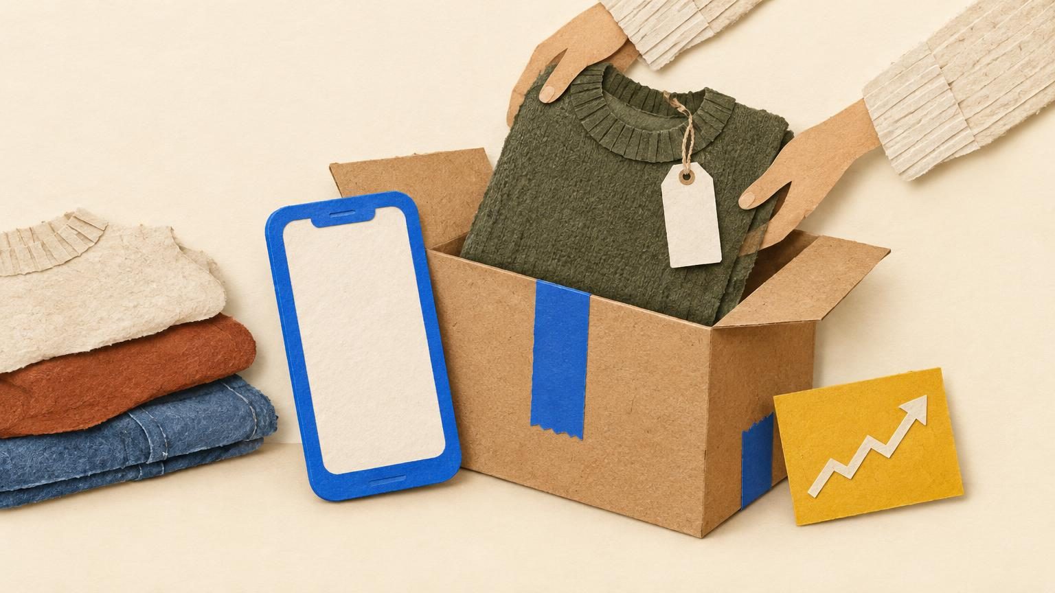 A flat paper-cut scene on cream: a bright blue (Mercari) phone frame leaning against a kraft-paper shipping box with blue tape, a blank-label tag hanging from a sweater being slid neatly into the box, and a small rising trend-line card in mustard beside it, all with soft drop shadows and visible paper texture.