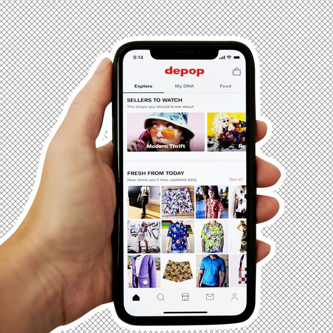 Depop app Explore screen on a phone with Sellers to Watch and Fresh From Today