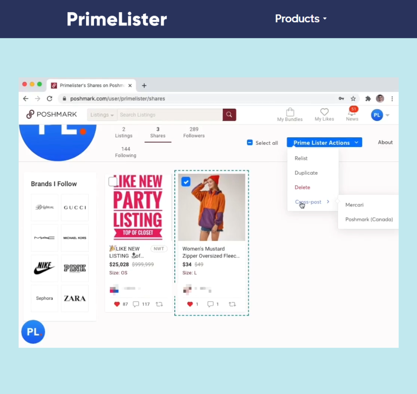 PrimeLister actions menu on a Poshmark closet with Cross-post to Mercari or Poshmark Canada