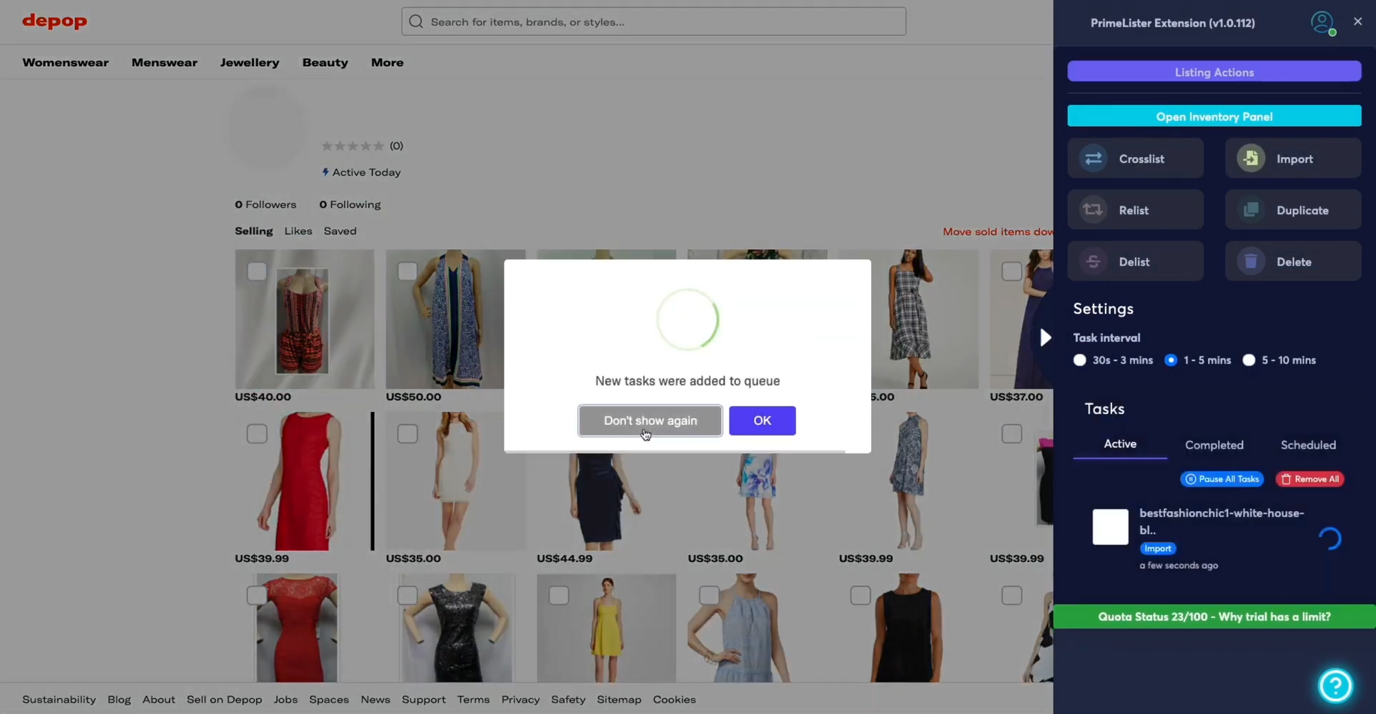 PrimeLister extension cross-listing from a Depop shop, with new tasks added to the queue