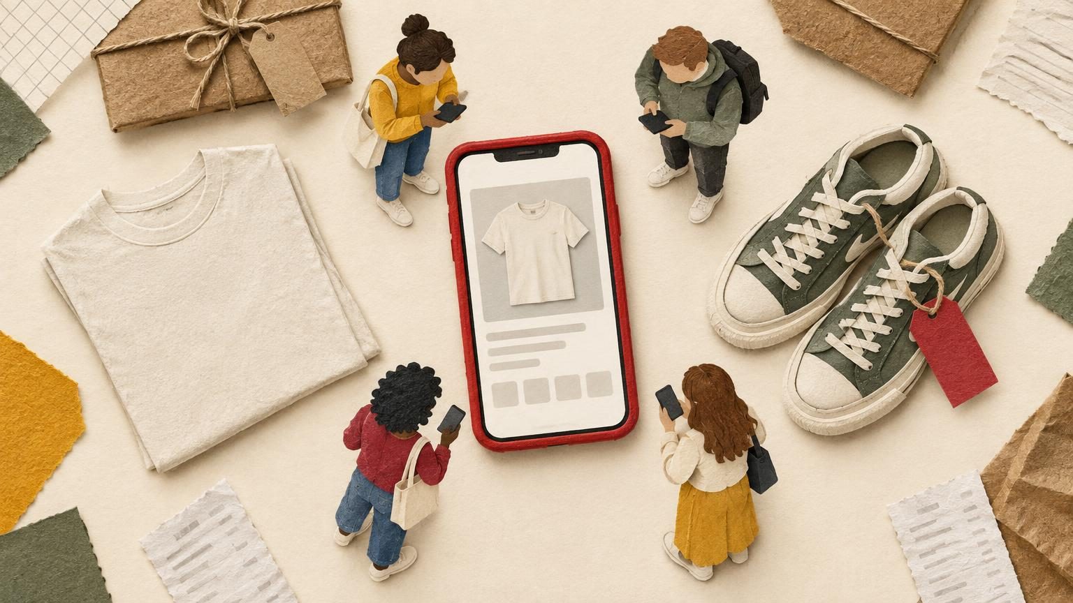 A flat-lay from above of a bright red-framed phone at the centre, its blank screen showing a new listing, with a graphic-free tee and a pair of sneakers laid beside it, a red hang tag tied to the sneakers, and a few small paper cut-out figures of young shoppers gathering around the phone. Handmade paper cut-out style on cream, with kraft and cardstock textures and soft drop shadows.